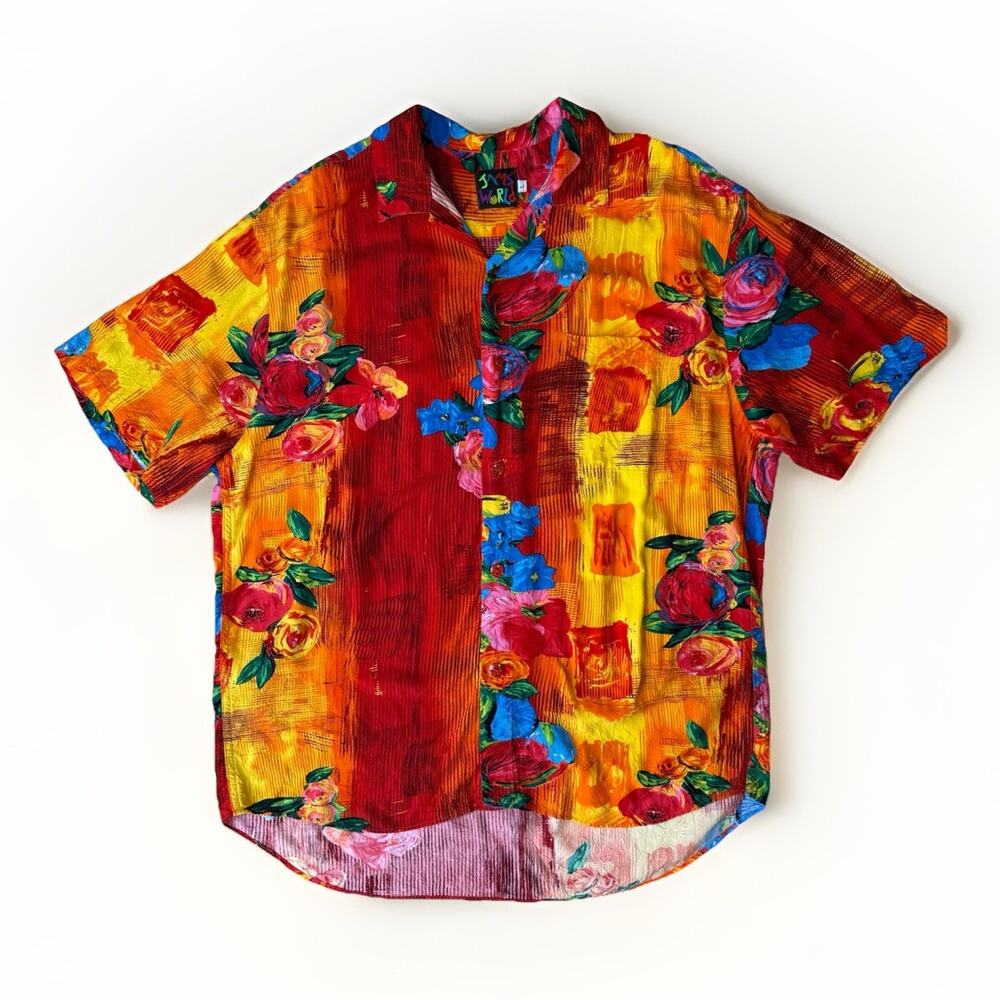 Vintage Jams World Shirt Large Multicolor Short Sleeve Floral Hawaiian Art AOP